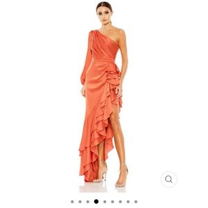 Mac Duggal Ruffle Asymmetrical Hemline Cut Out Side, One Shoulder Long Gown